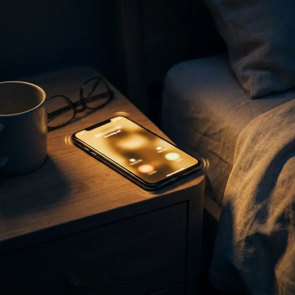 A smartphone ringing on a bedside table at night, lit gold