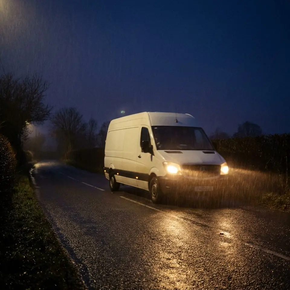 A service van driving along a wet country road at night