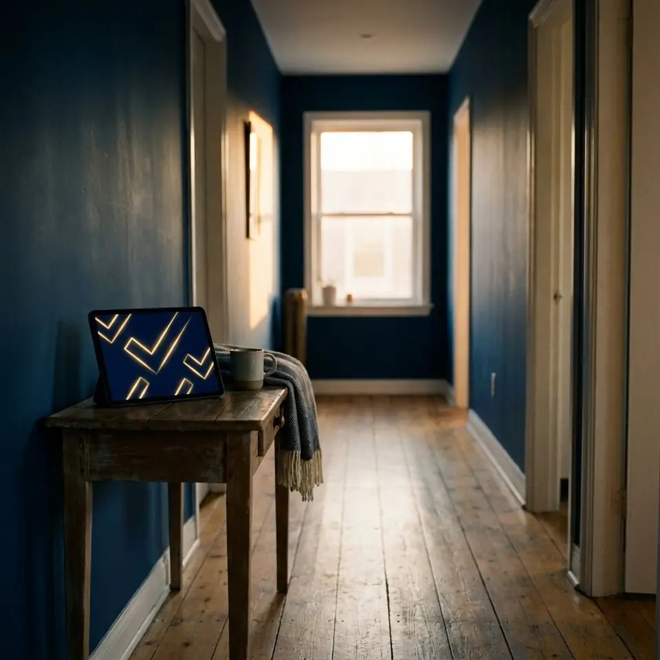 A calm hallway at dawn with a tablet showing a completed checklist