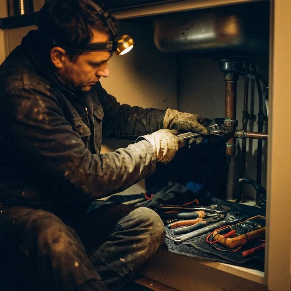 An engineer with a head torch repairing pipework under a sink